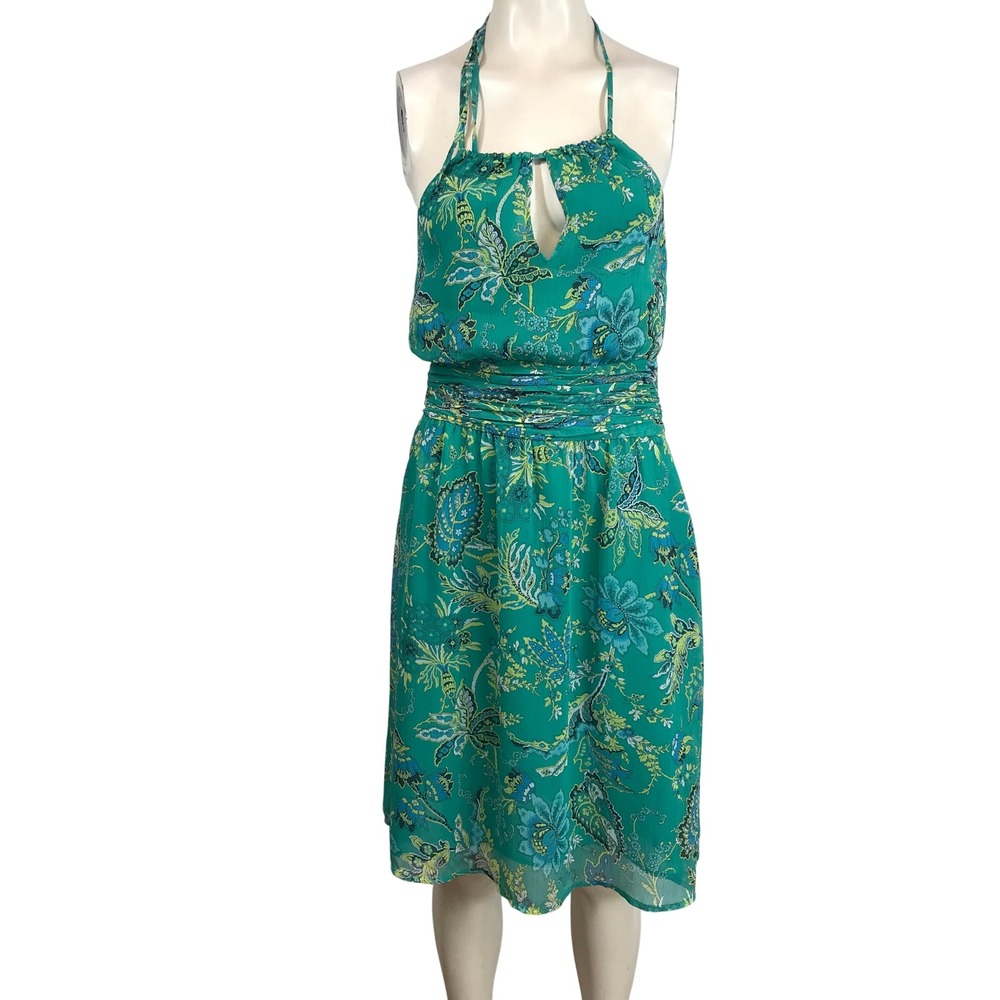 LOFT Ann Taylor Halter Neck Keyhole Paisley Print Midi Dress Teal Blue Size 4